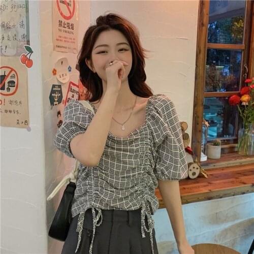 Women Blouse 2021summer Plaid Square Collar Female Puff Sleeve Top Blusas Mujer De Moda