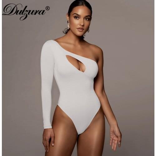 Dulzura Solid Hollow Out Women Long Sleeve Bodysuit One Shoulder Bodycon Sexy Streetwear Skinny Romper 2020 Autumn Winter Body