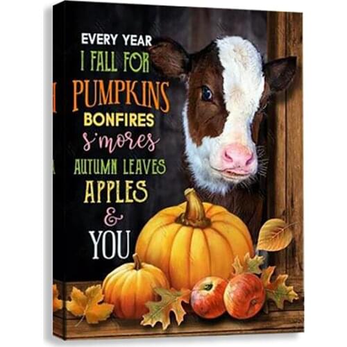 Leaves Animal Painting Canvas Rustic Cattle Cow Pumpkin Fruits Prints Posters Wall Art Decor Pictures For Living Room Farmhouse