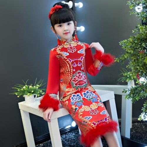 Winter Dress Kids Girls Oriental Chinese Traditional Costumes Vintage Cheongsams For Wedding Party Girls New Year Qipao Dress