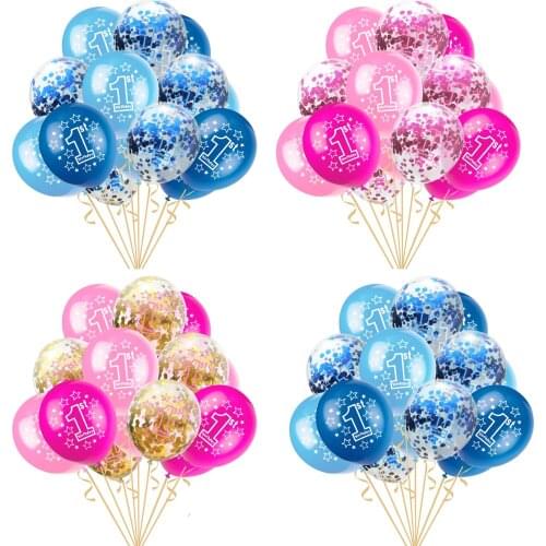 15pcs 12 Inch Baby First Birthday Latex Confetti Balloons Set Transparent DIY Balloons Boy or Girl One Year Birthday Party Decor