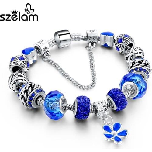 2019 Jewelry Blue Crystal Bracelets For Women Silver Bracelet & Bangles With Flower Charms Diy Jewelry Pulsera SBR160034