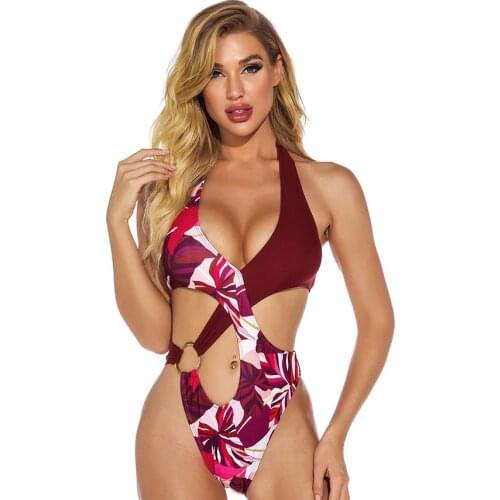 2021 Sexy One Piece Swimsuit Push Up Swimwear Women Printing Hanging Neck Bikini Beach Suit S-XL