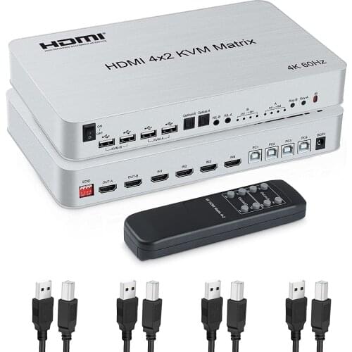 4 Port USB HDMI KVM Matrix 4X2 dual monitor 4K@60Hz HDR Switch Splitter 4 in 2 out HDMI 2.0 Switcher Support Keyboard Mouse