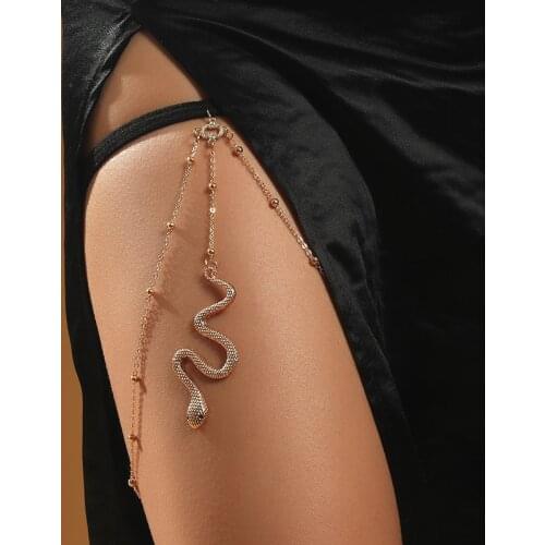 Bohemian Boho Gold Color Metal Beaded Chain Thigh Chain For Women Big Snake Pendants Leg Chain Body Jewelry Beach Style Gift