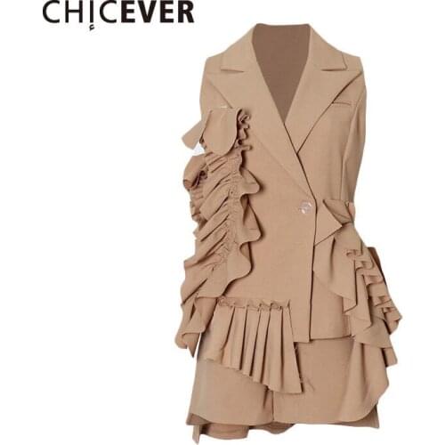 CHICEVER Solid Patchwork Ruffle Sets For Women Lapel Collar Sleeveless Irregular Top High Waist Short Female 2021 Autumn Clothes
