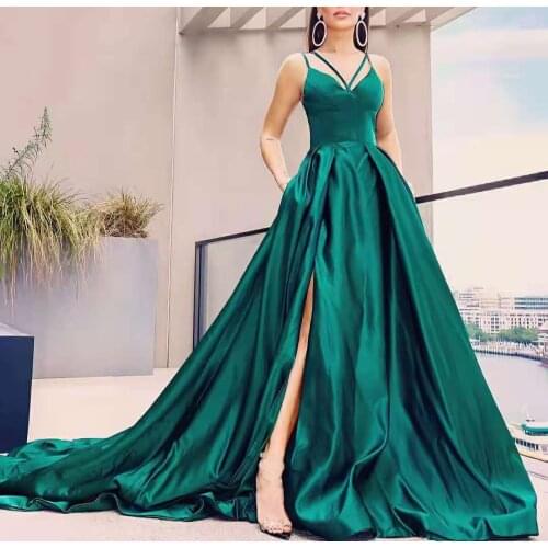 Long Spaghetti A-Line Green Side Slit Evening Dresses V-Neck Floor Length Elegant Zipper Back Tulle Formal Party Gowns for Women