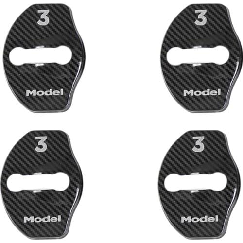 Model 3 Door Latch Lock Cover Interior Accessories Stainless Steel Cover Pack 4Pcs for Tesla Model 3 2017 2018 2019(Carbon Fiber