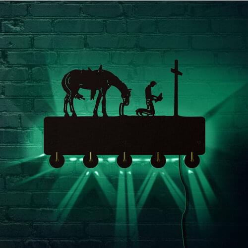 Christian Cowboy Praying Design LED Wall Lighted Hook Man Kneeling at Cross With Horse Silhouette Key Hanger Coat Rack Hanger