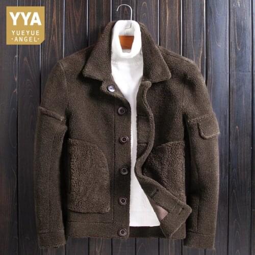 Shearling Reversible Real Fur Jacket Men Luxury Winter Single Breasted Warm Outerwear Brown Lambswool Biker Jacket Plus Size 4XL