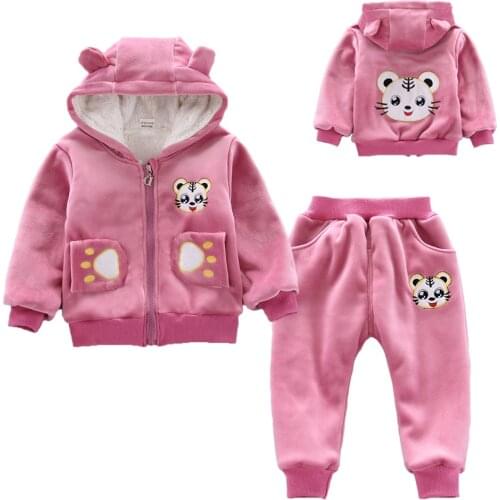Winter Warm Kids Clothing Set Thick Plush Cotton Clothing Set For Boys And Girls Hooded Jacket And Pants 2Pcs Children Clothes