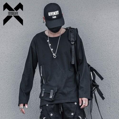 Hip Hop Functional Long Sleeve T-Shirt Men 2021 Autumn Dark Zip Up Pockets Streetwear Tshirts Cotton Tops Tees Black WB211