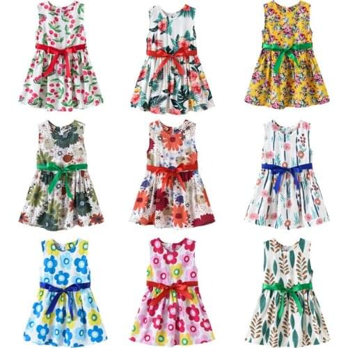 2020 New Little Girls Summer Dress Kids Baby Girls Fashion Print Sleeveless O-neck A-line Dresses with Sashes Princess Dress