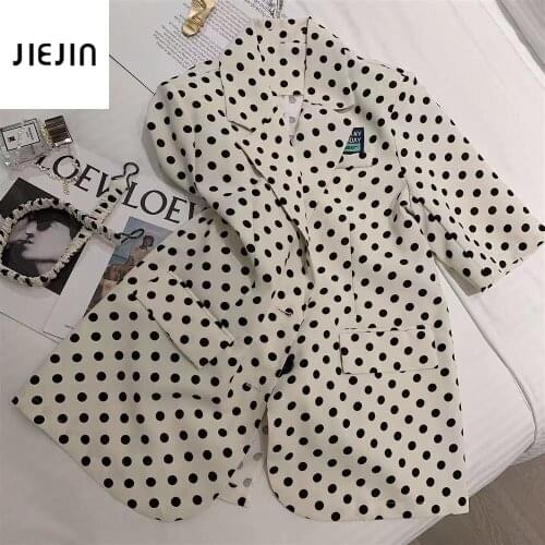 Polka Dot Beige Thin Blazer Women Fashion Office Lady Print Jacket Short Sleeve Button Slim Suit Female Business Coat