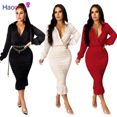 HAOOHU Elegant Fashion Women Long Sleeve Deep V Neck Dress Ladies Winter Bodycon Slim Midi Pencil Dresses Women Dress