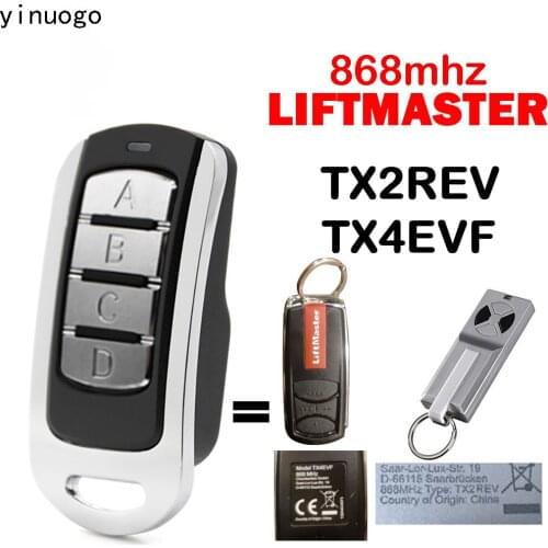NEW Liftmaster TX2REV TX4EVF 868MHz Remote Control Garage Door Opener Chamberlain Liftmaster TX4RUNI ML510EV ML700EV ML1000E Key