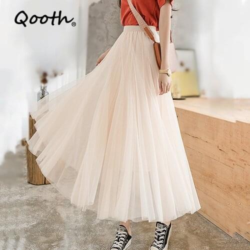 Qooth Mulberry Silk Skirt Big Swing Mesh Sweet All-Match Skirt Thin Pleated New Spring Fairy Mid-Length A-Line Skirt QT534