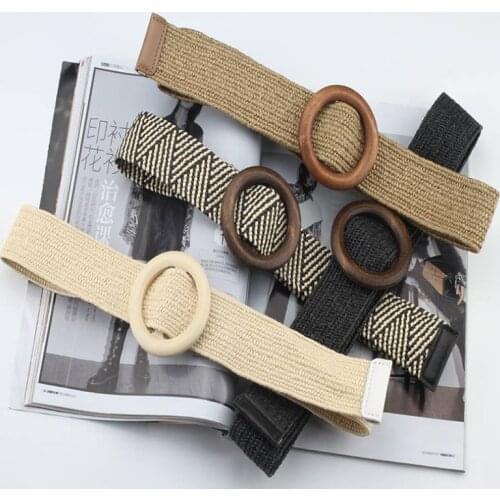 Vintage Boho Braided Waist Belt Summer Solid Female Belt Round Wooden Smooth Buckle Fake Straw Wide Belts For Women Hot Sale2021