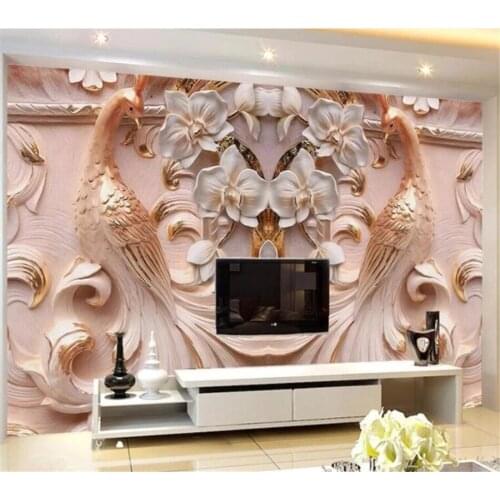 Custom Self Adhesive Wallpaper 3d Photo Large Peacock Reliefs Butterfly Floral TV Background Murals papel de parede Waterproof