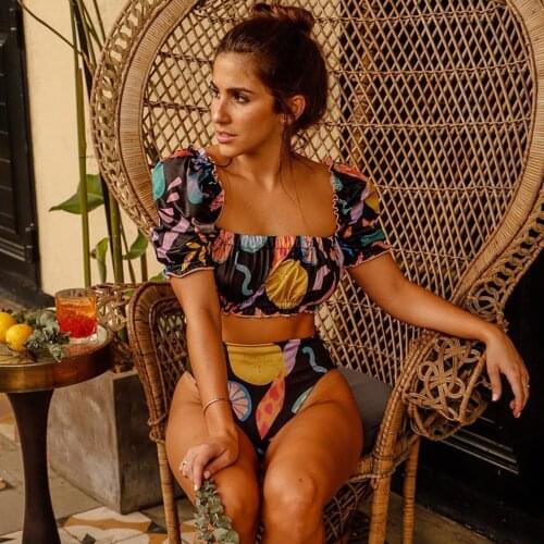 Sexy Women Puff sleeve Bikini Set 2021 Bandeau Swimwear Printed Swimsuit High Waist Bathing Suit Beachwear Biquini female
