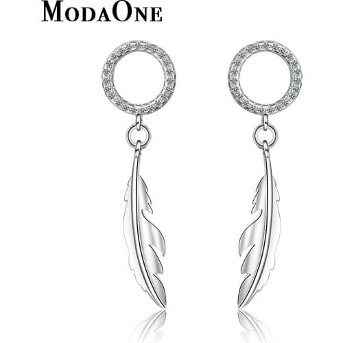 ModaOne 925 Sterling Silver Feather Earring For Women Round Zircon Fashion Koearn Long Tassel Stud Earring Oorbellen Pendientes