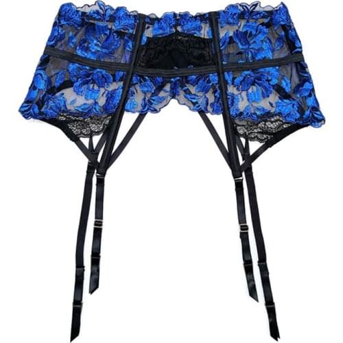 Blue Black Lace Embroidery Gauze Metal Buckles Fishbone Sexy Women Garter Belt for Stockings Suspenders Gift Lingerie GA1622