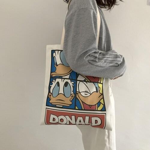 Donald Duck Womens Canvas Tote Bags Korean Students Shoulder Cotton Cloth Shopping Bag Foldable Shopper Bag Handbag for Girls