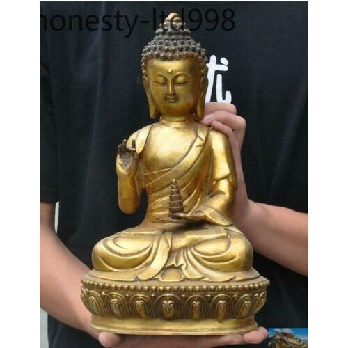 Tibet Buddhism bronze Gilt Hold pagoda tower Sakyamuni Shakya Mani Buddha statue