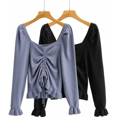 2021 ZA Women Long Sleeve V Neck Chest Drawstring Slim Bottoming Shirt Knitted Sweater Fashion Korean Version Chic Tops