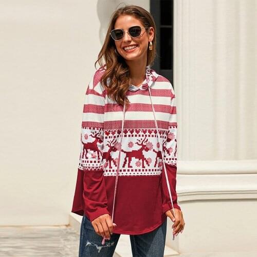 Women Casual Hoodies Sweatshirt Color Block Jumper Christmas Long Sleeve Hooded Pullover Vintage Xmas Patchwork Tops