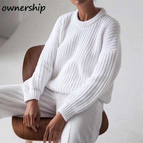 Women Basic White Round Neck Knitted Sweater Female Autumn Winter Warm Long Sleeve Thick Pullover Casual Loose Large Size Top