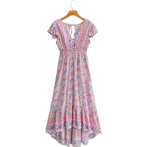 Women Dress Za Fashion 2021 Vintage Floral Print V Neck Dress Short Sleeve Summer Mid Calf Dress Female Elegant Mujer Vestidos