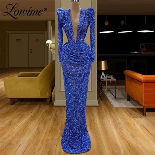 Beading Blue Evening Party Dresses Robe De Soiree 2020 Custom Made V Neck Arabic Kaftan Long Sleeves Mermaid Prom Gowns Vestidos