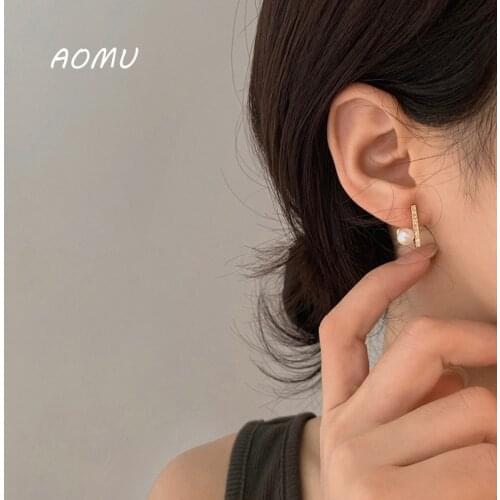 AOMU 2020 S925 New Korean Geometric Zircon Inlaid Rhinestone Metal Pearl Shiny Charm Earrings for Simple Women Party Gifts
