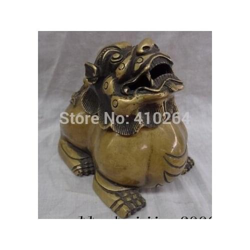 Free Shipping Chinese Pure Bronze Foo Fu Dog Lion Unicorn PiXiu Statue Incense Burner Censer