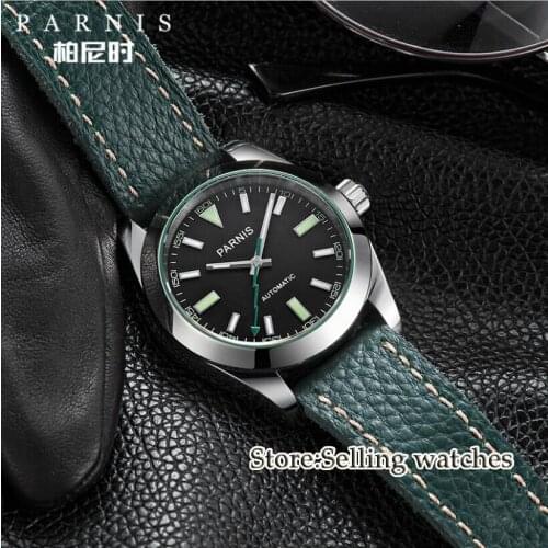 Fashion 40mm Parnis Mechanical Automatic Men Watches Sapphire Crystal Green Leather Miyota Mens Watch 2019 Man Clock Brand