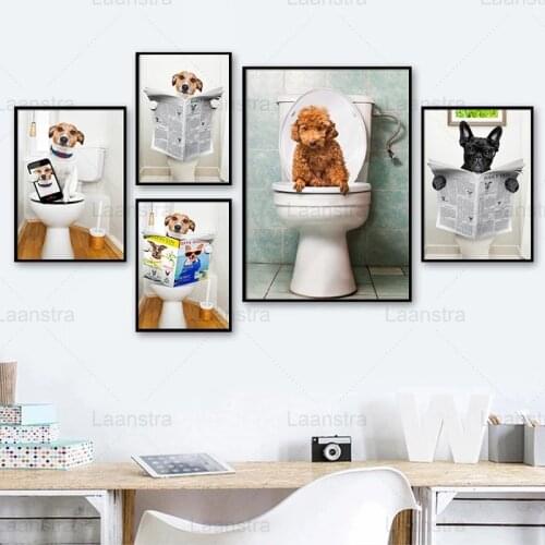 Toilet Decoration Poster Animal Dog Creative Canvas Painting Pet Modern Wall Pictures Home Decor Bathroom Living Room Wall Art