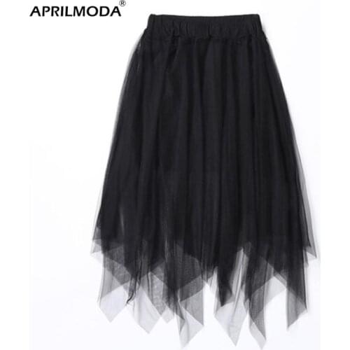 Elastic Long Asymmetric Tulle Skirt Women High Waist Pleated Tutu School Irregular Mesh Lace A Line Midi Skater Black White