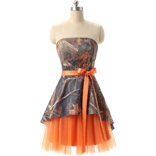 Real Photos Girls A-Line Short Camo Tulle Homecoming Dresses Strapless Knee Length Lace Up Graduation Dresses for Prom Party