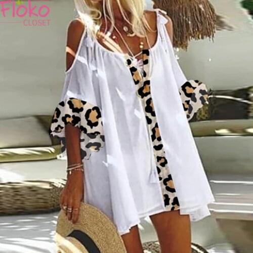 Flokocloset Summer Leopard Print Off TheShoulder Mini Dresses Casual V-Neck Loose A-LINE Party Dress