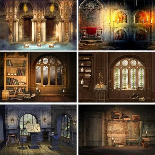 Photo Backdrop Old Vintage Wooden Library Candles Window Shiny Star Floor Interior Photography Background Photocall Photo Studio