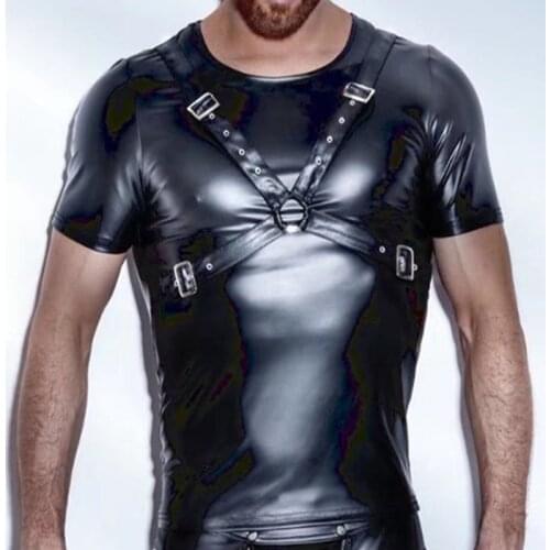 PU Leather T Shirts Men Sexy Fitness Tops Gay T-shirt Tees Mens stage T-shirt O-Neck Sexy Men Casual Clothes with Corset belt