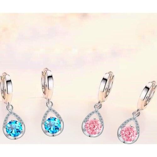 Classic Female Blue Crystal Drop Earrings Trendy Silver Color Dangle Earrings Dainty Bridal Round Wedding Earrings For Women