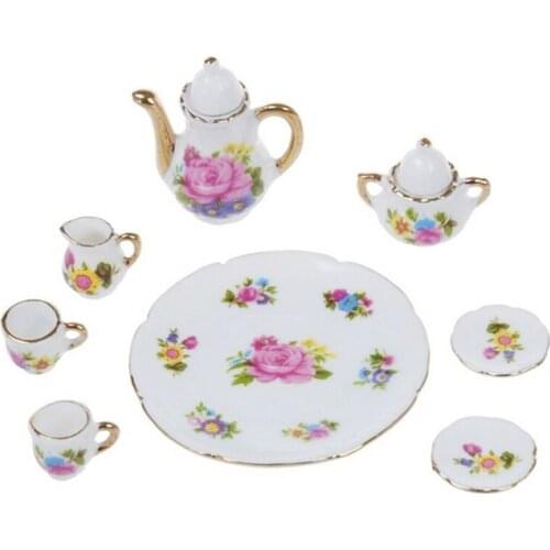 8pcs Dollhouse Miniature Dining Ware Porcelain Tea Set Dish Cup Plate -Pink Rose