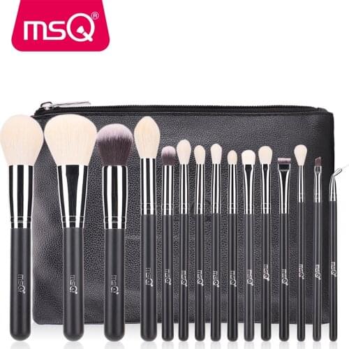 MSQ Makeup Brushes Set 15pcs Foundation Powder Eyeshadow Make Up Brush Cosmetic Tool High Quality Goat Hair PU Leather Case