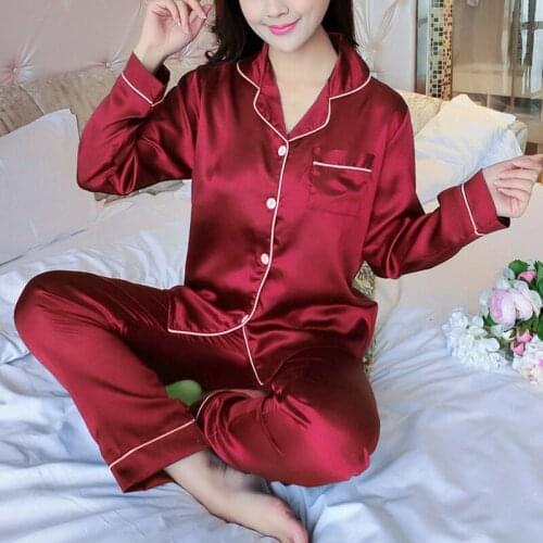 2021 New Autumn Women Turn-down Collar Pajamas Set Silk Satin Full Sleeve Tops+Pants 2 Pieces Set Sleepwear Pajama Plus Size 2XL