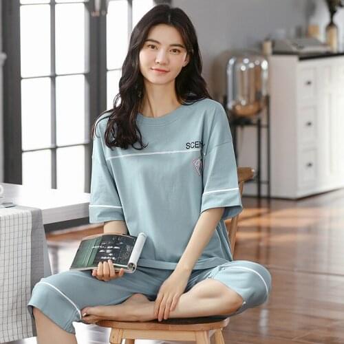 Calf-Length Pants Sleep Tops 2 Pieces Pajamas Set for women Sleepwear loungewear Plus Size pijama Women clothes femme 2021 New