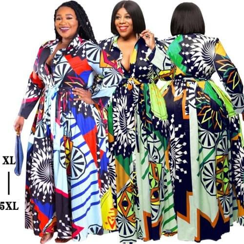 Oversize XL-5XL Digital Print Dress Super long Dress Women Evening Party Dresses Long sleeve Big V-neck Sexy A-line Dresses G816