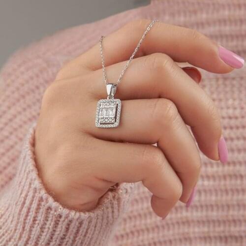 Rectangular Baguette Zircon Stone Necklace 925 Sterling Silver 2-3 Gram Rhodium, Gold, Rose Plated Gift Box