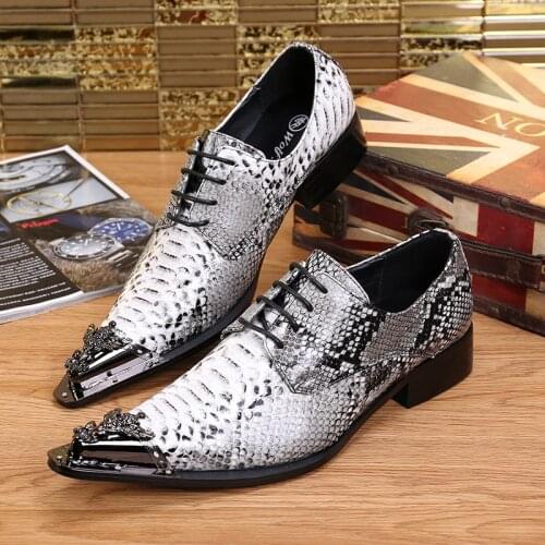 Christia Bella Fashion Snakeskin Pattern Men Genuine Leather Dress Shoes Pointed Toe Men Oxford Shoes Wedding Party Brogue Shoes